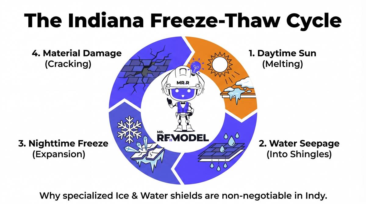 A technical infographic explaining the Indiana freeze-thaw cycle and how it causes structural damage to roofing materials over time.